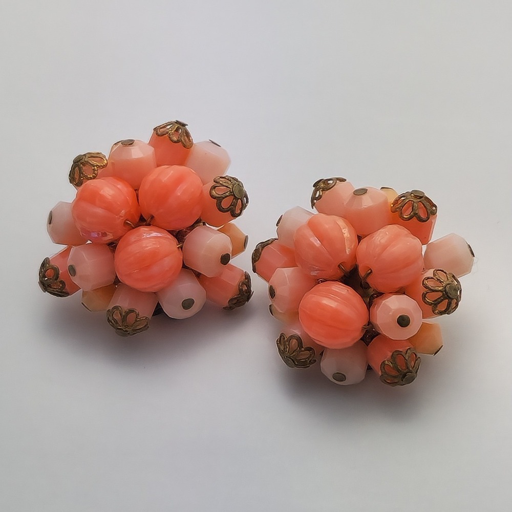 Coral Pink Cluster Clip On Earrings, Mid Century Mod, W Germany, Vintage